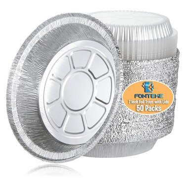 Fonteme Aluminum 7 Inch Round Foil Cake Pans with Plastic Lids &acirc;&euro;&ldquo; 50 Pack Pie Pans   BPA-Free, Freezer &amp; Oven Safe,