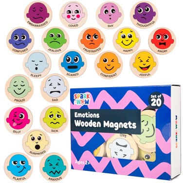SPARK &amp; WOW Wooden Magnets - Emotions - Set of 20 - Magnets for Kids Ages 2+ - Cute Emotion Magnets for Fridges, Whiteboards and More