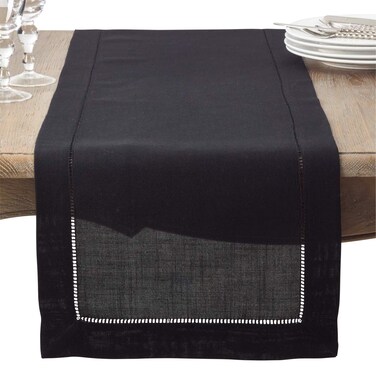 SARO LIFESTYLE Hemstitched Border Table Runner, Black, 16"x90
