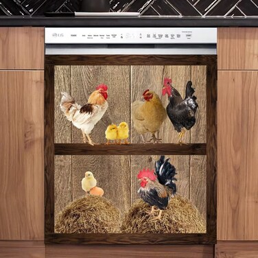 Majo Farm Rooster Hen Magnetic Dishwasher Door Panel Decal Animals Home Decor Sticker, Chicken Fridge Magnet Cover, Chick Dishwasher Magnet Cover for The Front, 23'' W x 26'' H Magnetic, Black