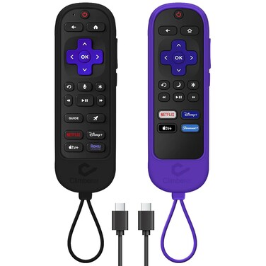 [2 Pack] Climberer Roku Voice Remote Pro (2nd Ed) Cover   Silicone Roku Rechargeable TV Remote Control Roku Remote Replacement #RCB1R Integrated Lanyard   (Black + Purple)