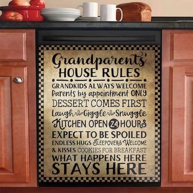 Magnetic Dishwasher Sticker,Reusable Dishwasher Door Covers Decorative Kitchen for Washers Fridge Panel Decal Cover,Grandparents' House Rules Easily Trimmable Home Cabinets Stickers 23" Wx26 H