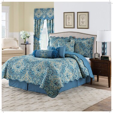 Waverly Moonlit Shadows Bohemian Medallion 4-Piece Reversible Quilt Set, King Bed Set with Quilt, 2 Pillow Shams, and Bed Skirt, Lightweight and Machine Washable, Lapis
