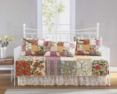 Chezmoi Collection Delaney 5-Piece Floral Patchwork Daybed Cover Set, Pre-Washed 100% Cotton Quilt Coverlet Set, Daybed Size