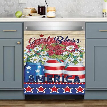 Patriotic Magnet Dishwasher Cover,God Bless America Decals Refrigerator Magnetic,Daisy Flower Fridge Panel Decal,Prim Barn Vinyl Magnets for Home Kitchen Appliance Decor 23"x26
