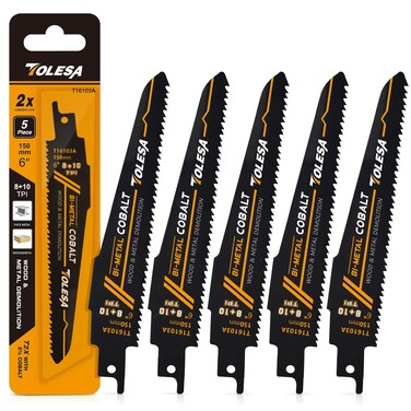 TOLESA Metal Wood Demolition Reciprocating Saw Blades 6 Inch 8+10TPI Sawzall Blades for Steel Pipe Cutting, Drywall, Chipboard, Glass Fiber-Reinforce Plastic and Composite Materials Demolition 5 Pack