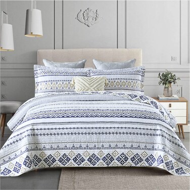 Finlonte Quilt Boho Quilt Set Boho Bedding Bedspreads Queen Size, 3 PCS White Navy Bohemian Quilt Set with Striped Printed for All Season