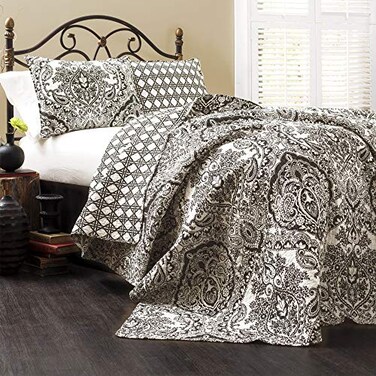 Lush Decor Aubree Quilt Paisley Damask Print Pattern Reversible 3 Piece Lightweight Bedding Blanket Bedspread Set, King, Black &amp; White