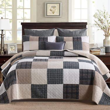 PERHOM 100% Cotton King Size Quilt Set - Lightweight Bedding Set, Real-Patchwork Plaid Pattern Printed Farmhouse Bedspreads, Soft Reversible Coverlet Comforter for All Season, 3 Pieces