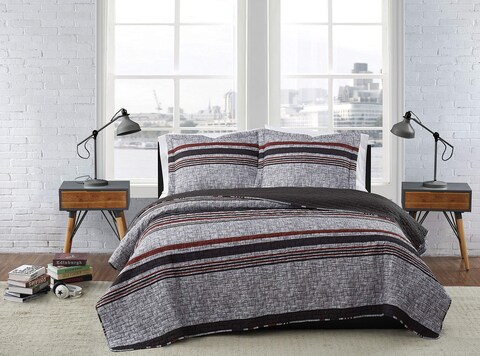 London Fog Warren Stripe Grey and Black Polyester 3-Piece Full/Queen Quilt Set, Stripe, 100% Polyester, for Men and Women, Oeko-TEX Certified Confidence