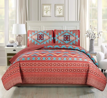 Rustic Western Southwest Native American Indian Tribal Navajo Quilted Bedspread Set in Turquoise Red Burgundy Orange and Brown Austin Brown (Twin)