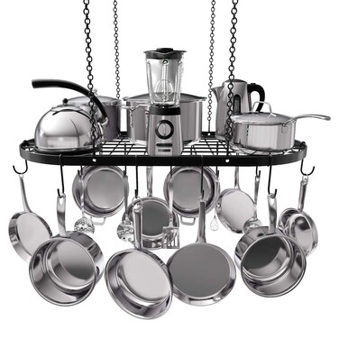 Vdomus Heavy-Duty Hanging Pot Rack - 33x17 Inches - Stylish Black Alloy Steel Ceiling Storage with 15 Hooks - Organize Kitchen Cookware and Utensils - Space-Saving Mounted Overhead Holder