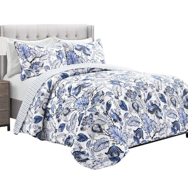 Lush Decor Cynthia Jacobean Quilt 3 Piece Reversible Bedding Set, Full Queen, Blue