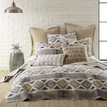 Levtex Home - Santa Fe King/Cal King Quilt - Ikat Pattern - Soft Grey, Cream, and Tan - Quilt Size (106x92in.) - Reversible - Cotton Fabric