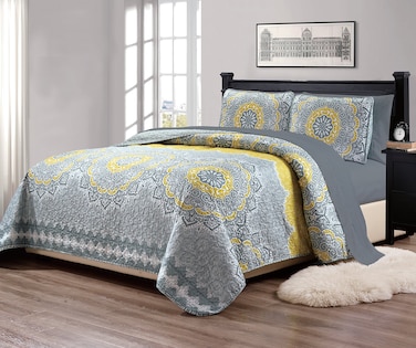 Linen Plus 7pc Queen Over Size Quilted Bedspread With Sheet Set Floral Medallion Yellow Coastal Plain/Gray New