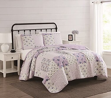 CANNON - King 3 Piece Quilt and Sham Set - Elissa Collection,White/Purple,QS4278KG-2300
