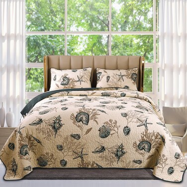 Qucover Coastal Quilts King Size, 3-Pieces Blue Shell Starfish Beach Themed Bed Spreads, Soft Breathable Cotton Coastal Bedspreads King, with Pillow Shams, All Seasons, 98x106 Inch