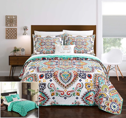 Chic Home 3 Piece Chagit Reversible Boho-Inspired Print and Contemporary Geometric Patterned Technique Twin Quilt Set Aqua