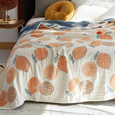 Scientific Sleep Lemon 100% Cotton Muslin Blanket Throw Cover for Bed Couch Sofa Cozy Soft Reversible Bedding Lightweight Warm Bedspread Quilt Coverlet Full Queen F/Q 80 in x 90 in