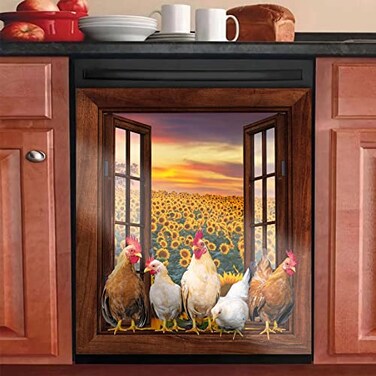 AWAK Country Chicken Dishwasher Magnet Cover,Farm Sunflower Dish Washer Door Sticker,Farmhouse Rooster Fridge Magnetic Magnet 23 W x 26 H inch