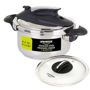 Universal 4.2 Quart / 4 Liter Stainless Steel Easy Use Pressure Cooker + Extra Glass Lid, Induction Compatible, Pressure Cooker &amp; Multipurpose Pot, 5 servings, Pressure Canner