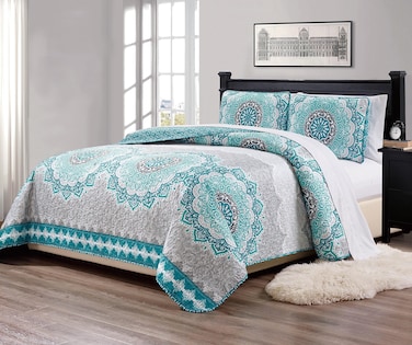 Mk Collection 3pc Full/Queen Size Bedspread Quilt Over Size 106" x 95" Aqua Turquoise Coastal Plain Grey Green White Elegant Design # Oslo Aqua