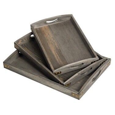 VERGOODR Country Farmhouse Rustic Wood Nesting Dinning Breakfast Serving Trays with Wood Handles, Set of 3,Can Put Food, Fruit, Plates&iuml;&frac12;&oelig;Ottoman Decorative Coffee Table Tray (Rock Grey)