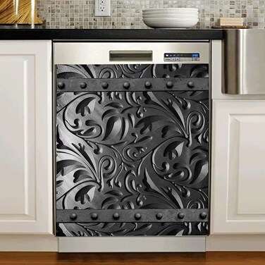 Black Floral Dishwasher Magnet Metal Flower Cover, Engraved Dark Pattern Sticker for Fridge, Refrigerator Magnetic Panel Decals, Home Appliances Cabinet Magnets