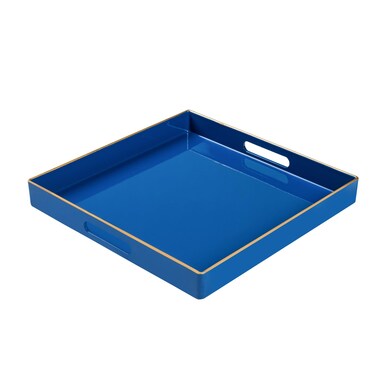 MAONAME Decorative Tray, Royal Blue Serving Tray with Handles, Coffee Table Tray, Square Plastic Tray for Ottoman, Bathroom, Kitchen, 13"x13"x1.57