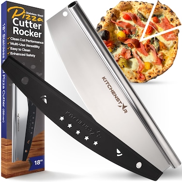18" Pizza Cutter Rocker Blade by KitchenStar - Sharp Stainless Steel Slicer Knife w Protective Cover, Dishwasher Safe Pizza Oven Accessories, Silver