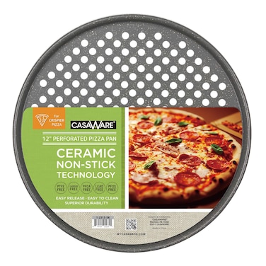 casaWare Perforated Pizza Pan 12-inch, Ceramic Coated NonStick (Silver Granite)