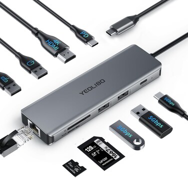 USB C Hub, 10 in 1 USB C Hub Multiport Adapter Dongle with 4K HDMI, USB-C and 2 USB A 3.0 5Gbps, 2 USB A 2.0, PD 100W, RJ45 Ethernet, SD/TF, Aluminum USB C to USB 3.0 Hub for MacBook Air/Pro, Windows