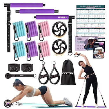 Pilates Bar Kit with Resistance Bands, Multifunctinal Exercise Bar with Ab Roller for Pilates/Abs/Weight Loss, Portable Home Gym Pilates bar kit for Full Body Training Women - Violet