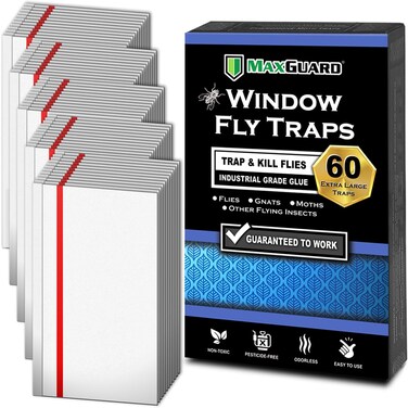 MaxGuard Window Fly Traps (60 XL Traps) Catch &amp; Kill Houseflies, Flying Insects &amp; Bugs. Non-Toxic Sticky Glue Traps Fly Killer Clear Strip Insect Catcher Safe No Zapping with Zapper