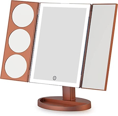 MIRRORVANA&Acirc;&reg; X-Large Vanity Makeup Mirror with LED Lights   360&Acirc;&deg; Rotatable Extravagant Trifold Cosmetic Mirror with 10X, 5X, 3X Magnification for Women, Teens and Girls (Rose Gold)