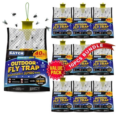 Jumbo Outdoor Fly Trap Bags (10 Pack), Disposable, Hanging Fly Catcher with Bait, Outdoor Use Fly Hunter Repellent Control Catcher Killer, Flies Trap for Barn, Farm, Mosquito, Bugs, Gnats, Flies&acirc;&euro;&brvbar;