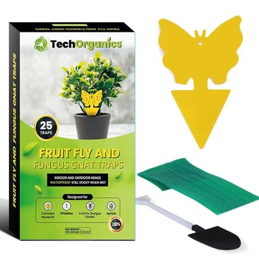 Premium Fruit Fly Traps   Double Sided Gnat Traps   Waterproof Yellow Sticky Traps are Great Outdoors   Also for Fungus Gnats, Aphids, Flies, Moths and Spiders   Pack of 25
