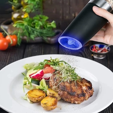 Electric Salt and Pepper Grinder Set, Gravity Sensor, Automatic Pepper Mill, One Hand Operation, Battery-Operated with Adjustable Coarseness, Blue Led Light (Black 2 Pack)
