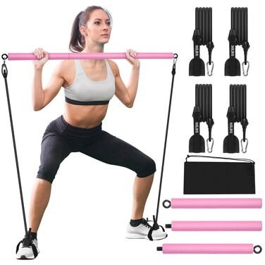 Pilates Bar Kit with Resistance Bands, Portable Pilates Bar for Home Gym Workout, Adjustable 3-Section Pilates Stick Bar for Women and Men Full Body Shaping