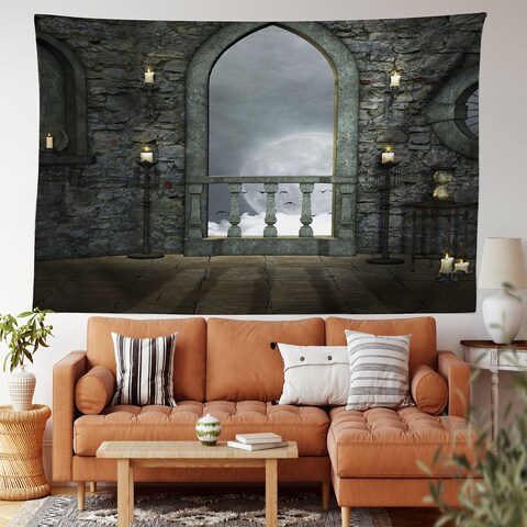 Ambesonne Gothic Tapestry, Full Moon Birds Fantasy Old Castle Balcony Burning Candle Night View Art, Wide Wall Hanging for Bedroom Living Room Dorm, 60&quot; X 40&quot;, Green