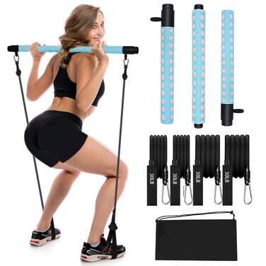 Adjustable Pilates Bar kit with 4 Resistance Bands, Portable Pilates Bar Stick for Home Workout, Adjustable Pilate Bar for Gym Fitness (Blue)