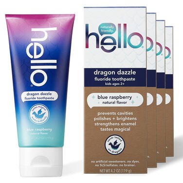 hello Kids Dragon Dazzle Blue Raspberry Fluoride Toothpaste, Vegan &amp; SLS Free, 4.2 Oz, 4 Count