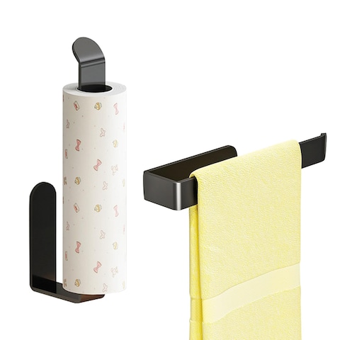 2pcs Jasni Paper Towel Holder, Paper Towel Holder, SUS304 Stainless Steel Paper roll Tissue Holder Under Cabinet for Kitchen, Counter, Bathroom, Self Adhesive or Drilling Wall Mounted (2Pcs Black)