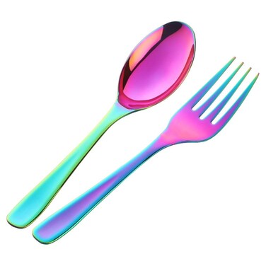 Salad Server Set, Baikai 2 Pieces Servers, Serving Spoons Forks, 10 inch Utensils Spoon (Rainbow, Salad Spoon &amp; Fork)