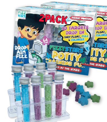 Fizzy Stars Potty Training Aid - Star Shaped Pee Targets That Make The Water Bubble and Change Color - Fun Urinal and Toilet Aim Learning Aid for Toddlers and Boys (2 Pack - 128 Stars)