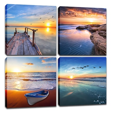 Seascape Wall Decor Canvas Wall Art / 4 Panel Blue and Yellow Beach Sunrise and Sunset Framed Painting Ocean Sea Theme Nautical Scenery Landscape Office Home Decoration for Boy Girl Women 12x12inch