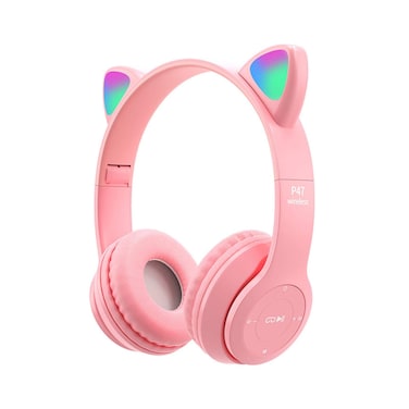 Kids Headphones, Cat Ear LED Light Up Bluetooth 5.0 Foldable Wireless Gaming Headset for Kids Adult, Comfortable Built-in Mic Noise Cancelling Over Ear Headphones(Pink)