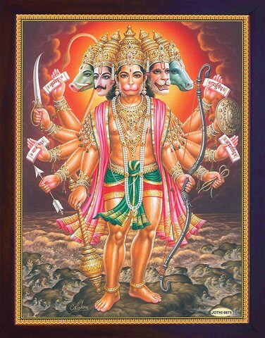 Handicraft Store Hanuman Panch mukhi Holding Weapons, A Poster Print with Frame for Home Decor and Gift Purpose.