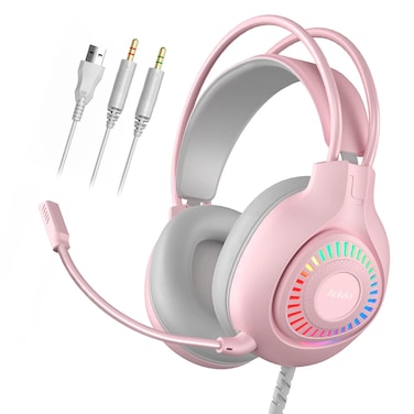 Anivia G1 Pink Gaming Headset for PS4, PS5, Xbox One, PC, Switch, Wired Over-Ear Headphone with Noise Isolation Microphone, Surround Sound Headphone with LED Light