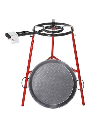 ZENDEU ECO-SET Paella Pan Set with Burner and Reinforced Tripod Legs - 18 inch Carbon Steel Paella Pan and 2 Ring Paella Burner / 12 Servings